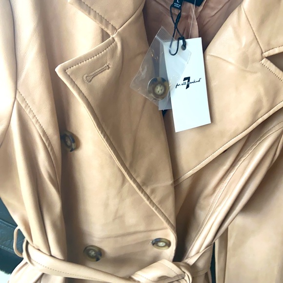 S 🔖 7 FOR ALL MANKIND Vegan Faux Leather Trench Coat Tan Beige - Picture 5 of 8